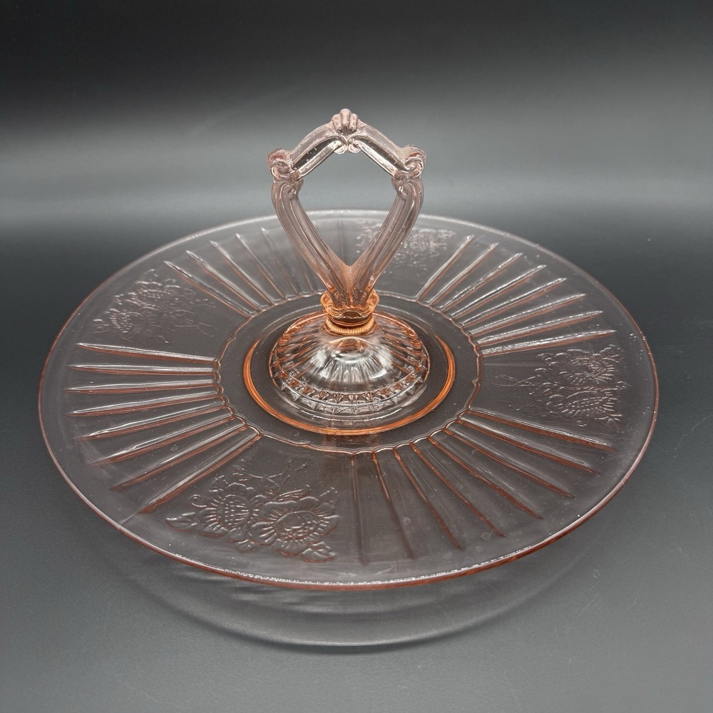 Vintage Anchor Hocking Mayfair Pink Depression Glass Handled Serving Tray 12"